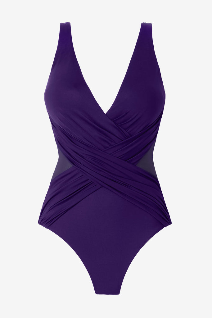 Mulberry purple one-piece swimsuit with mesh cut outs on each side