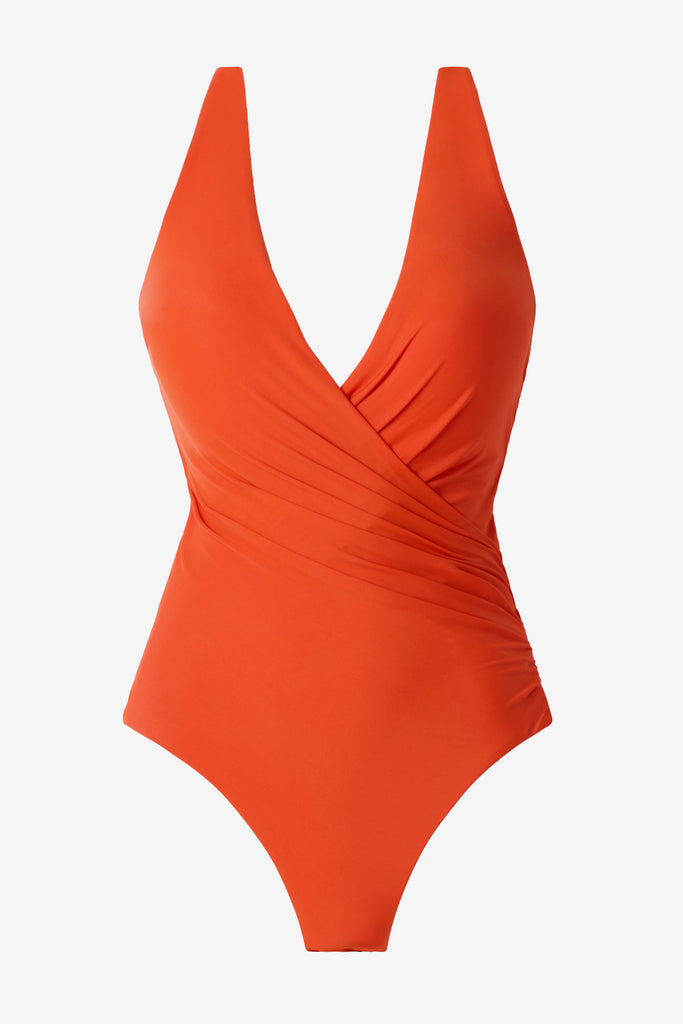 Arancio orange one-piece swimsuit with a v-neckline