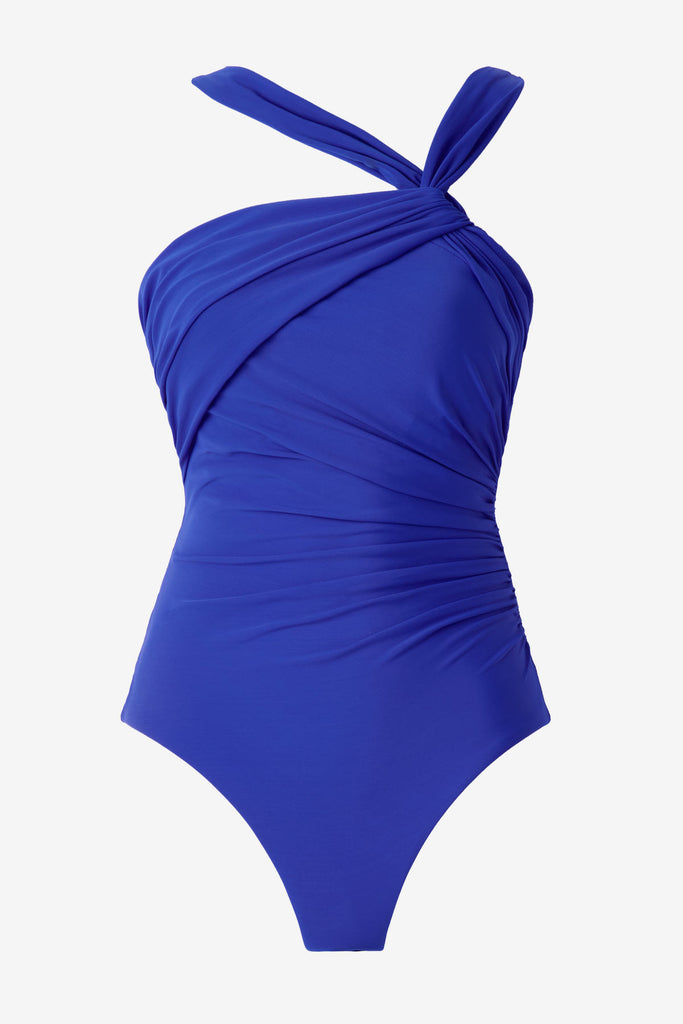 Delphine blue one-piece swimsuit with a strappy neckline