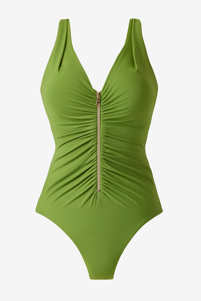 Bright green one-piece swimsuit with a zip down the front