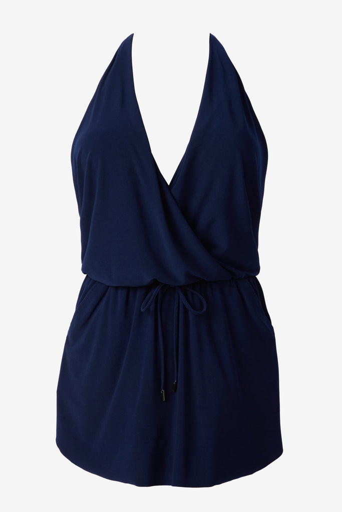 Navy-blue swim romper with a deep v-neck