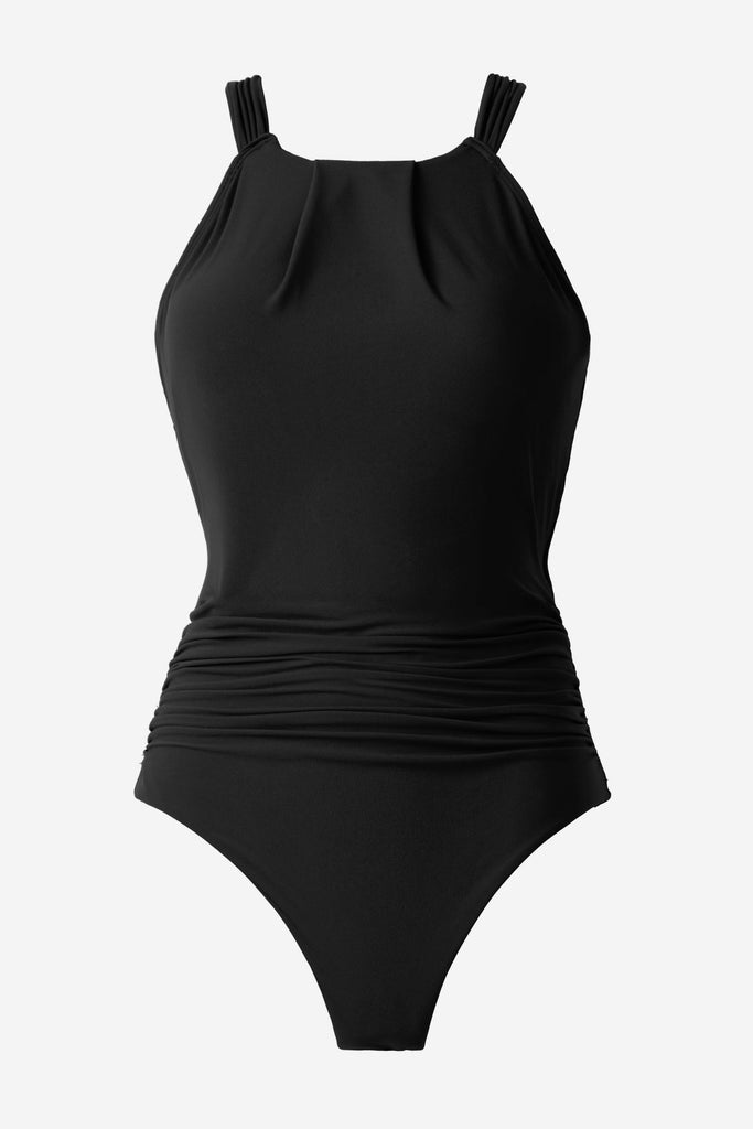 Black one-piece swimsuit with high neckline