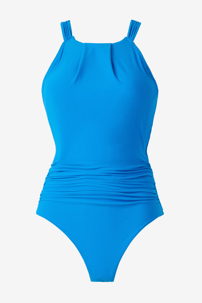 Light blue one-piece swimsuit with high neckline