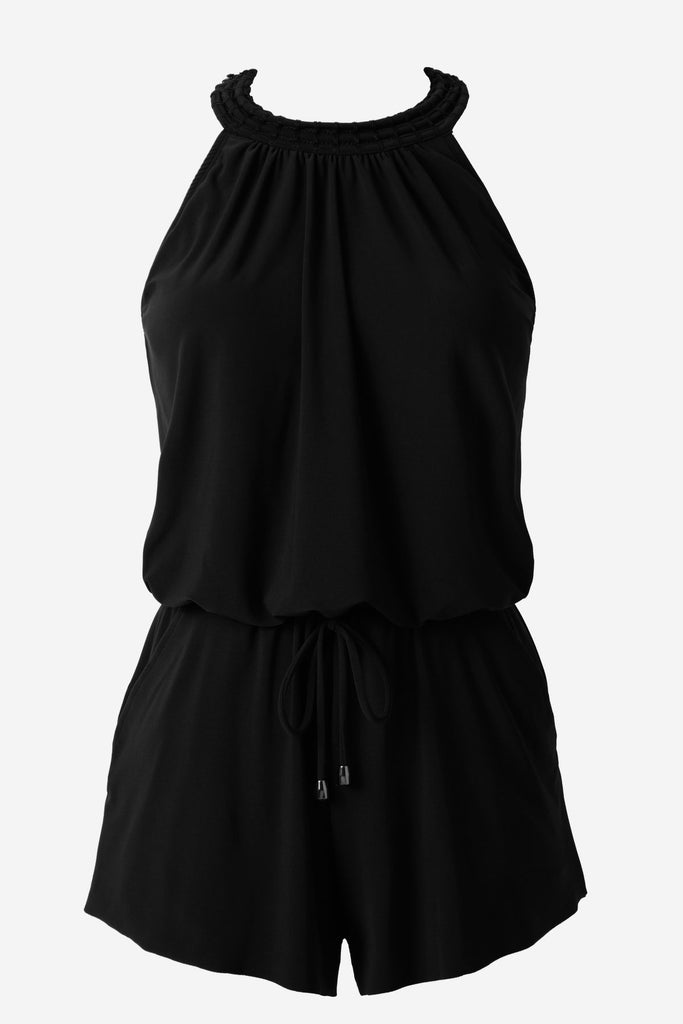 Black swim romper with a high neckline