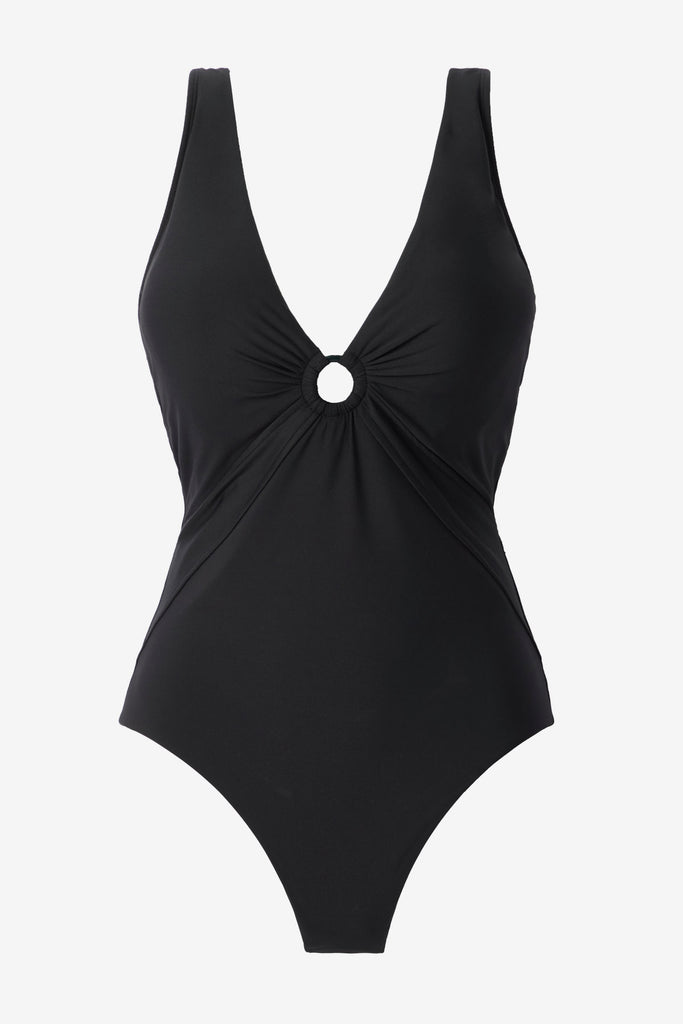 Black one-piece swimsuit with a deep V-neck