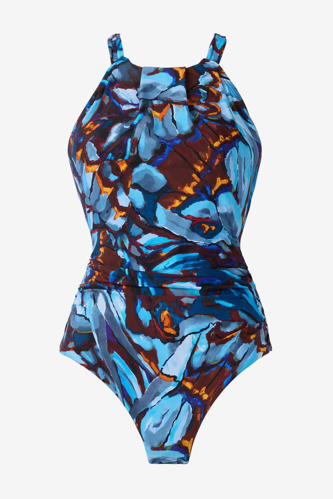 Multicolor one-piece swimsuit with an abstract floral print