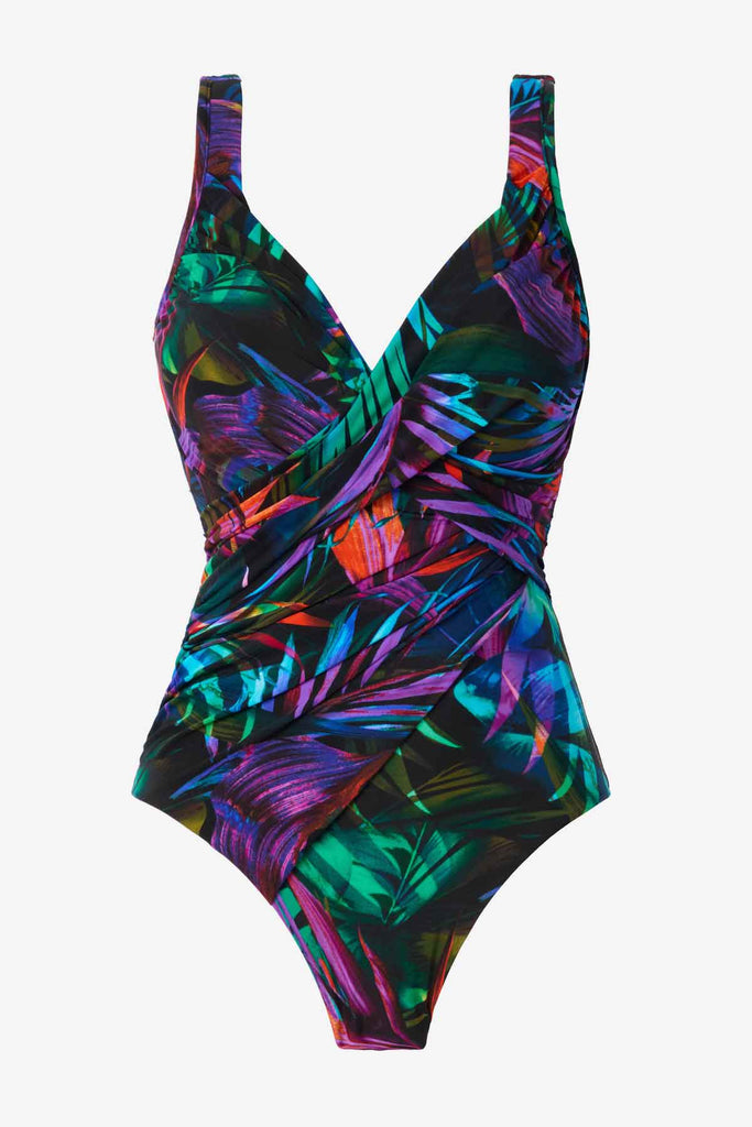 Multicolor one-piece swimsuit with bright neon palm leaves