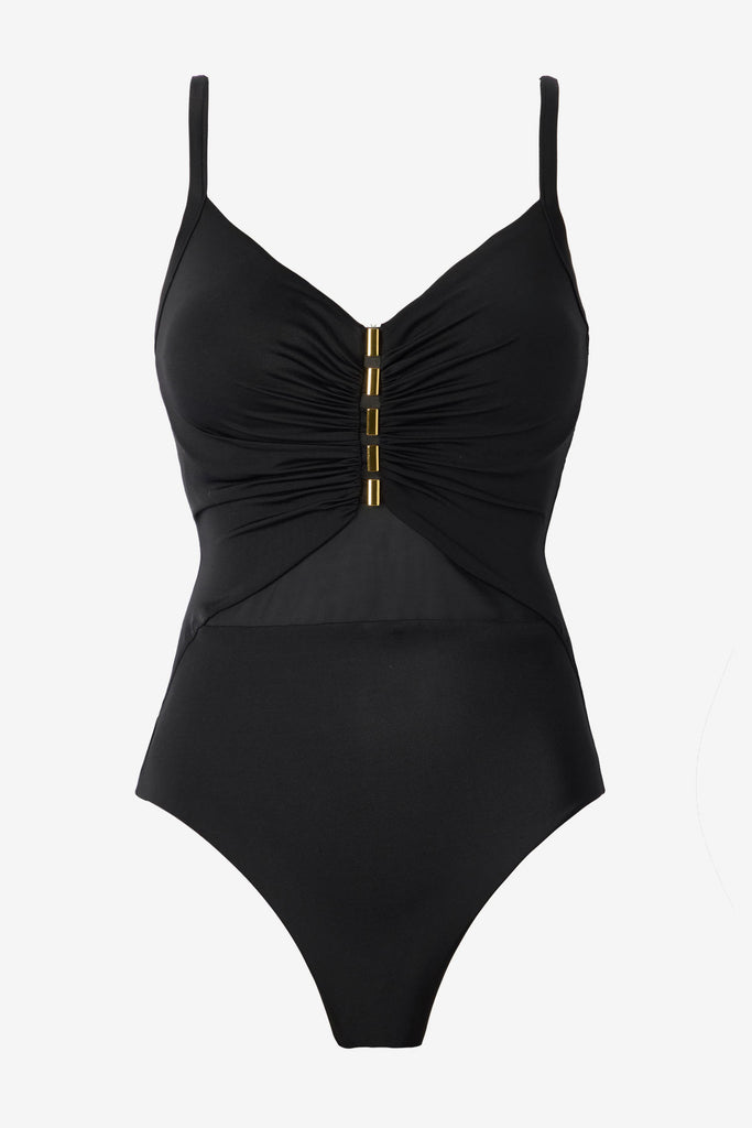 All-black one-piece swimsuit with a mesh detail on the front