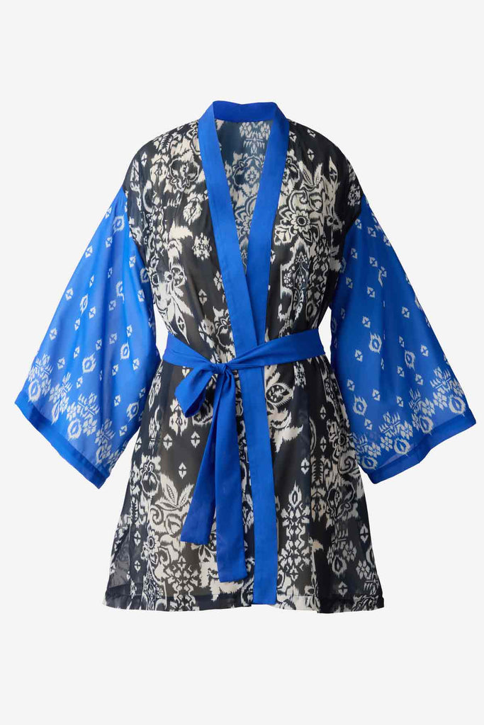 Kimono style swim cover up with white flowers