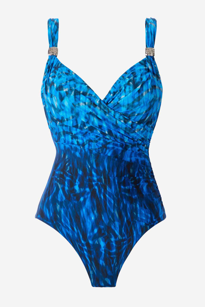 Black and blue one-piece swimsuit with details on the straps