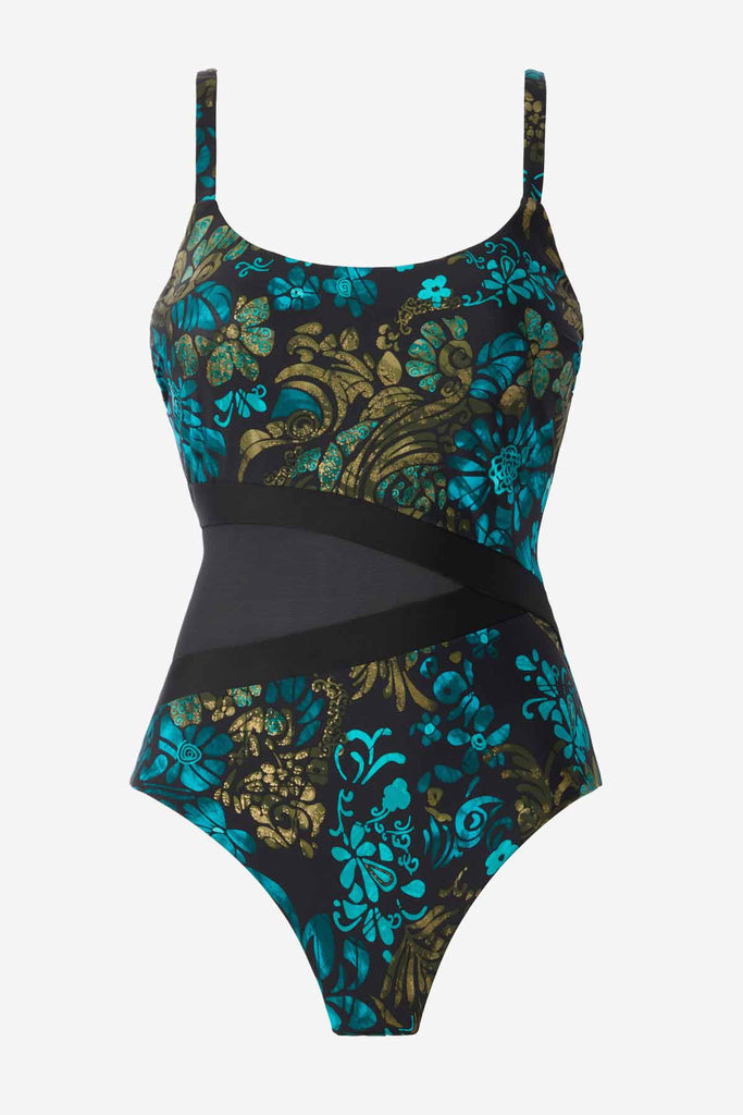 Multicolor one-piece swimsuit with a mesh cut out on the left side