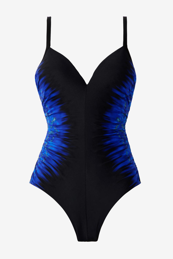 One piece black swimsuit with blue on each side