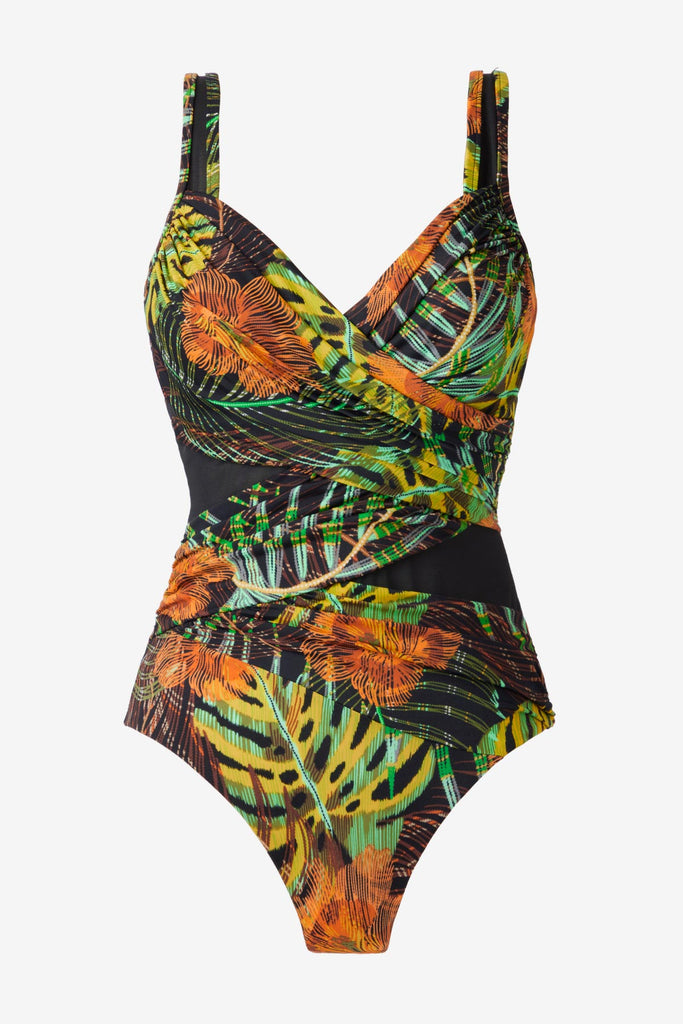 Multicolored palm leaf printed one-piece swimsuit
