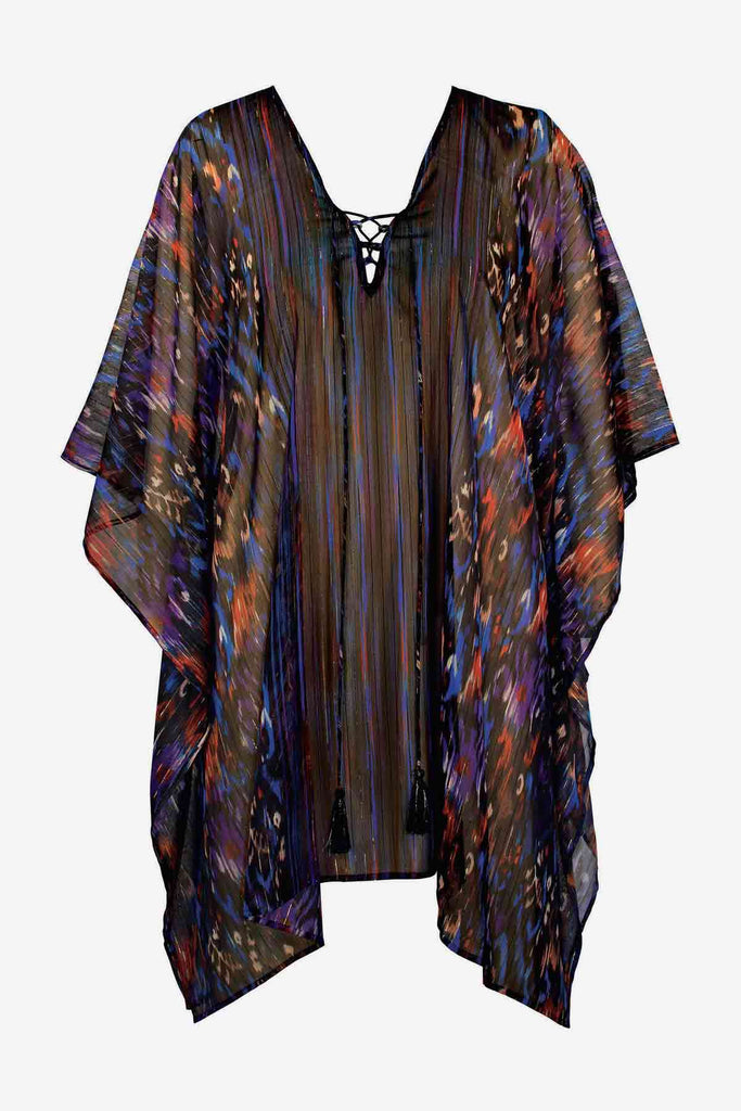 Swim cover up with front lace tie in a multicolored pattern