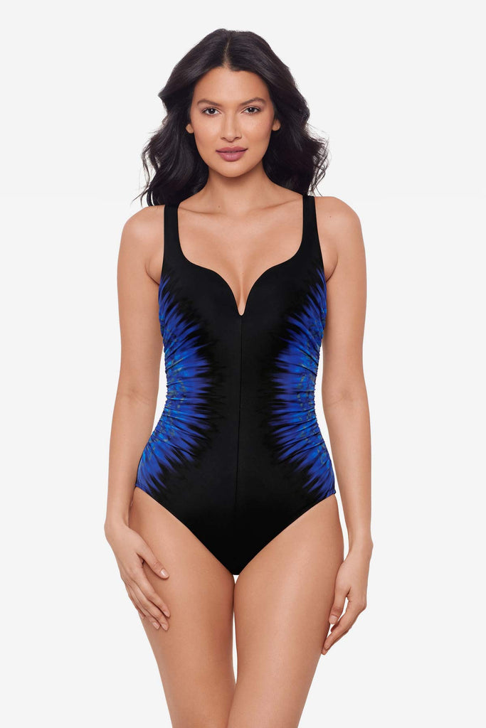 Women wearing a black one-piece swimsuit with blue detail on the sides