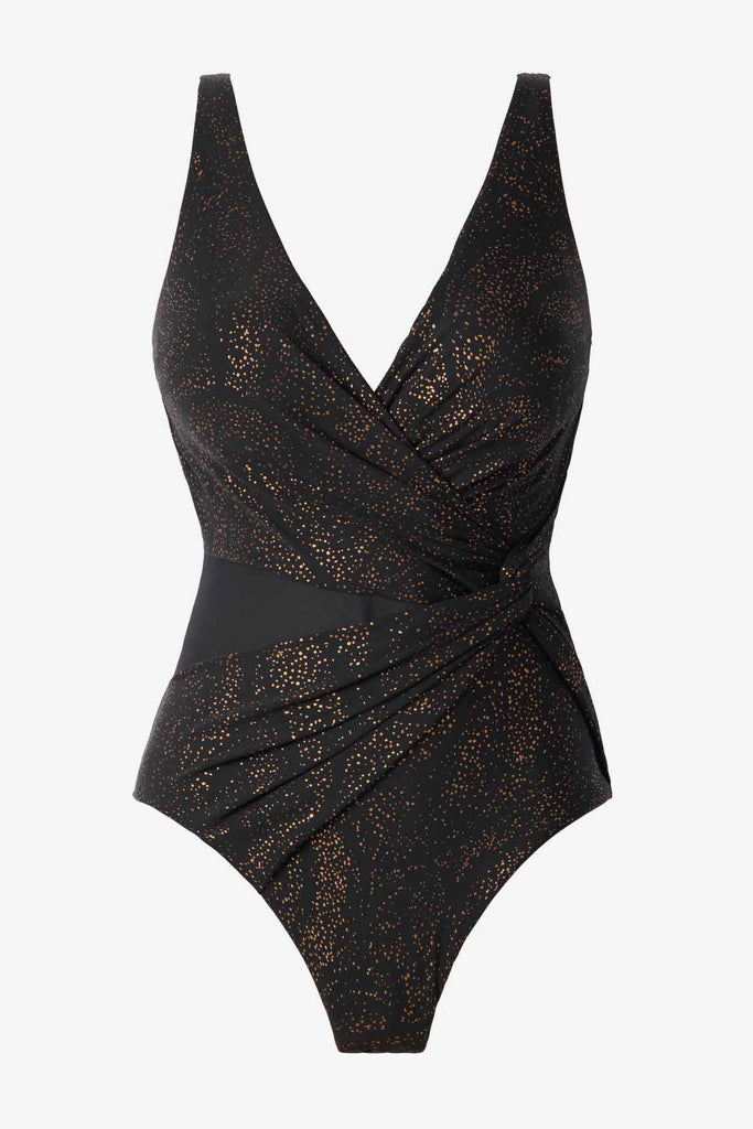 Black shimmer fabric one-piece swimsuit with a mesh cutout on the left