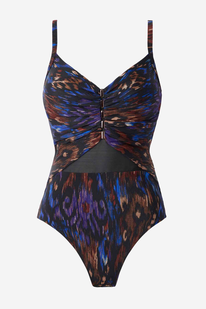 One-piece multicolored swimsuit with detailing down the front and mesh material at the sternum