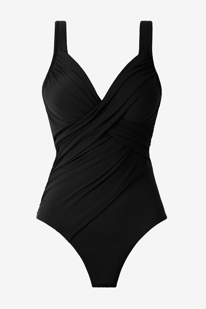 Black one-piece swimsuit with wrap detail on the front