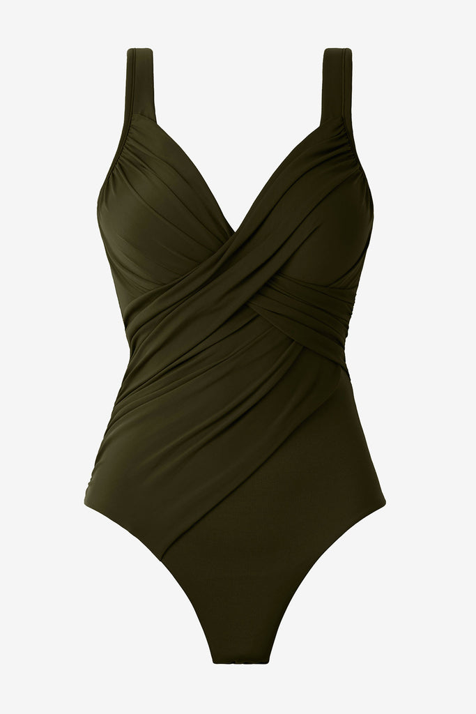 Nori green one-piece swimsuit with wrap detail on the front