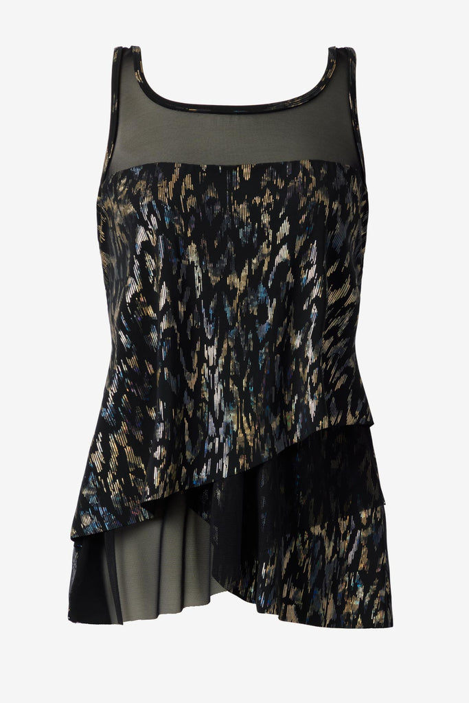 Black sparkly tankini top with mesh cutouts throughout