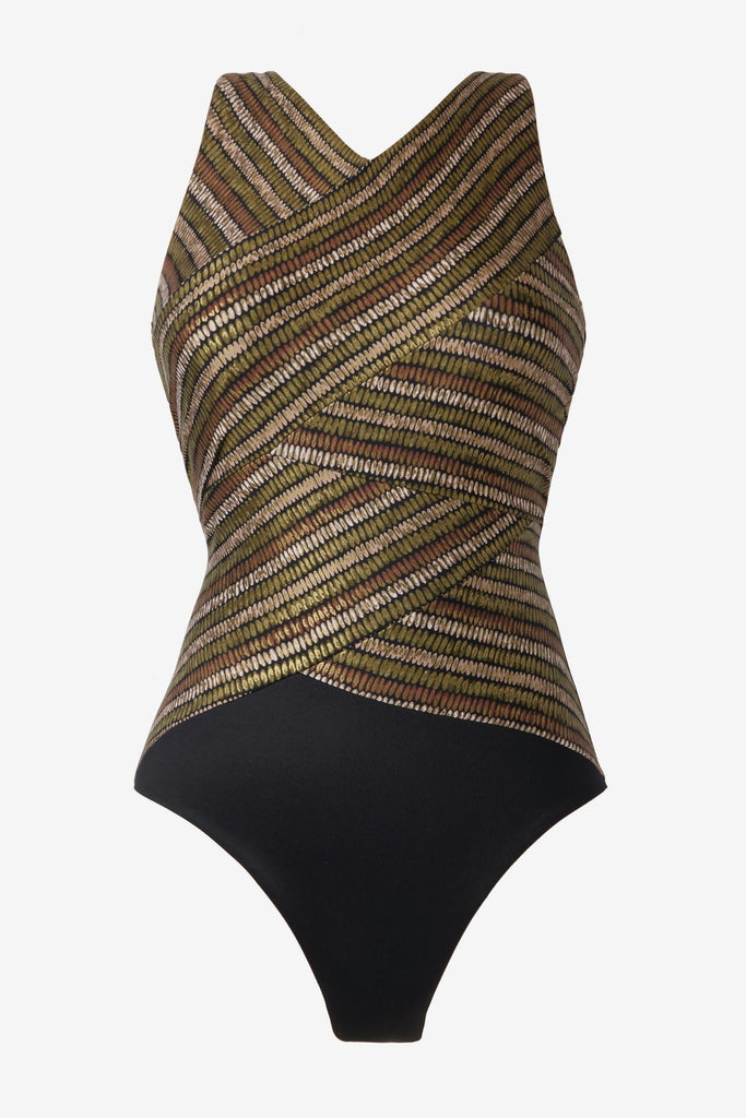 Shimmery golden brown high neck one-piece swimsuit