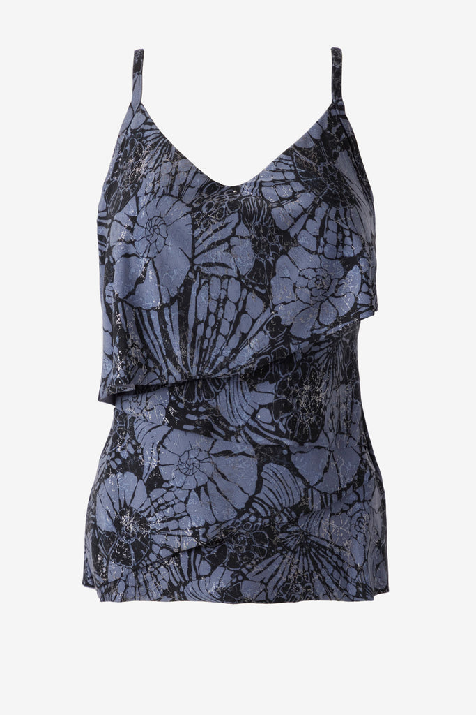 Shimmery tankini top with blue shells