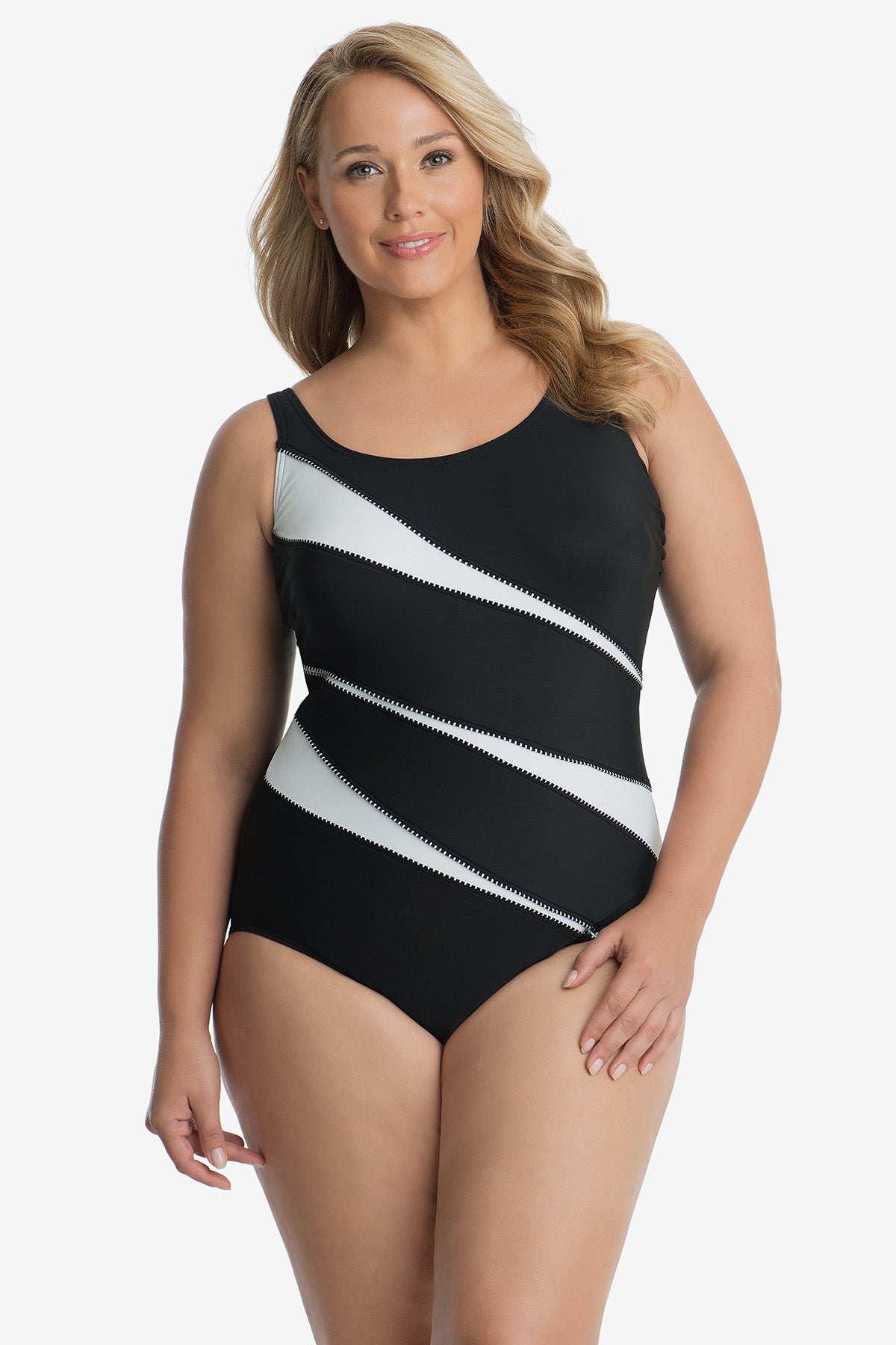 Miraclesuit Women's Swimwear DDD-Cup Helix Tummy Control Underwire Scoop  Neckline One Piece Swimsuit, Black/White, 10DDD at  Women's Clothing  store